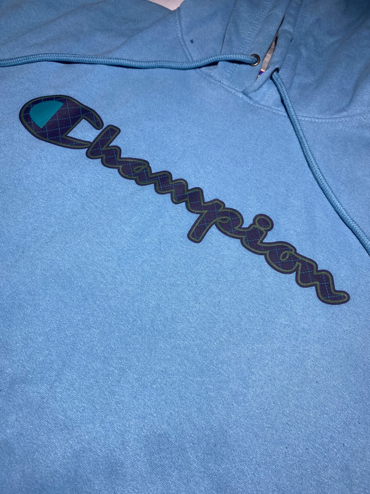 Champion Light Blue Hoodie - logo script bordado pecho