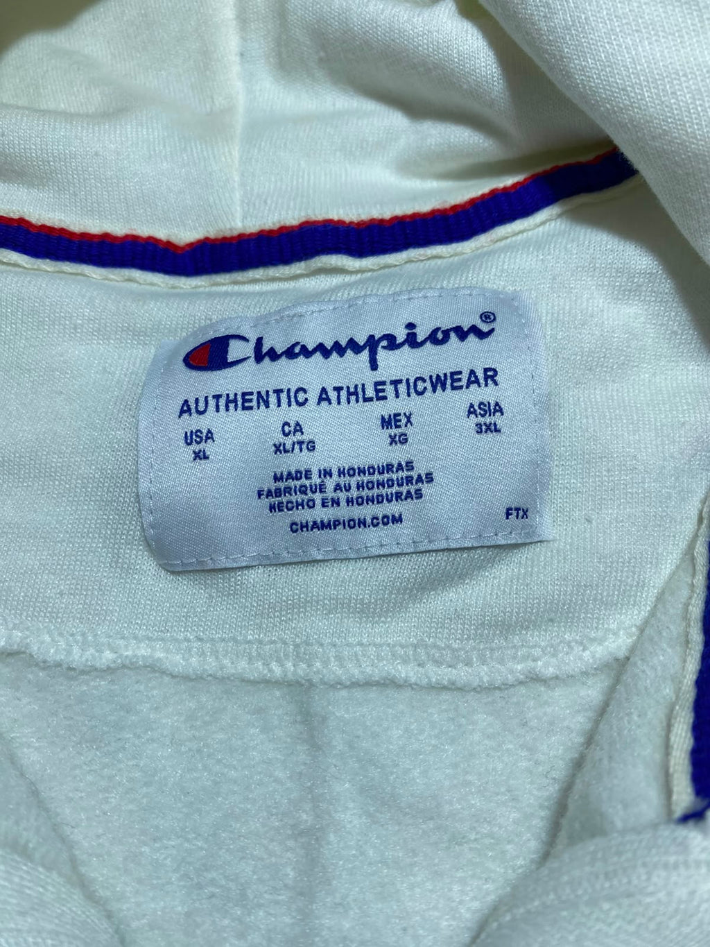 Champion White Zip Hoodie - etiqueta talla XL