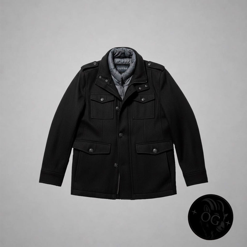 Guess Military Wool Coat - Vista frontal completa con chaleco interior